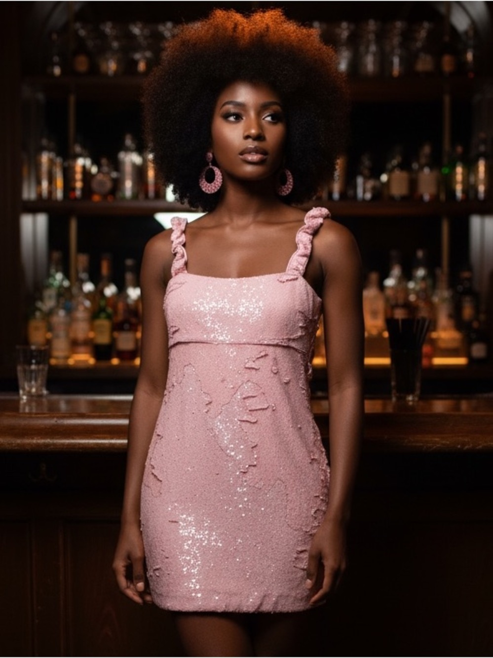 Ganni pink sequin mini dress with scrunch straps size 38 or 6